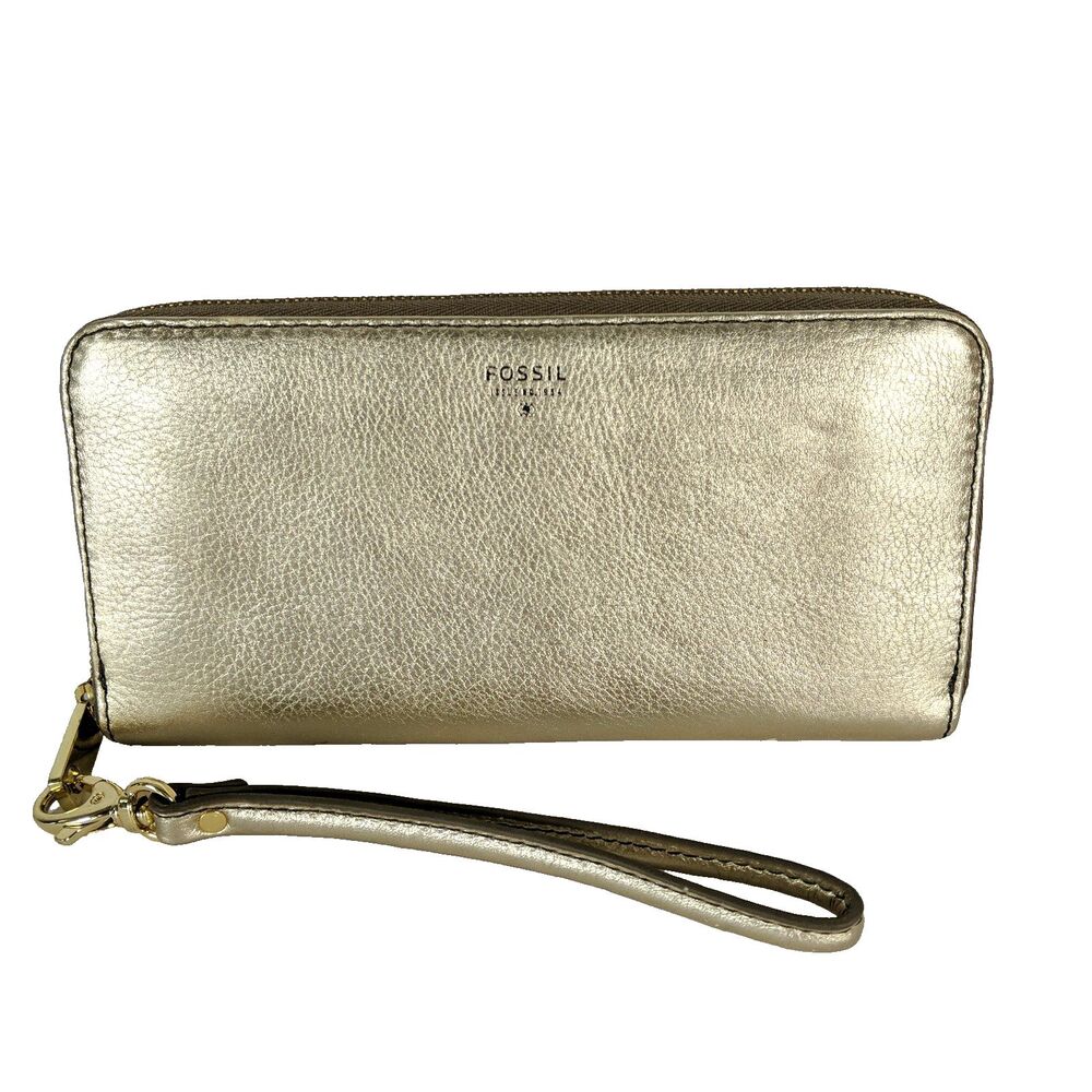 Fossil Zip Around Gold Leather Wallet Accordion Standard Wrist Strap